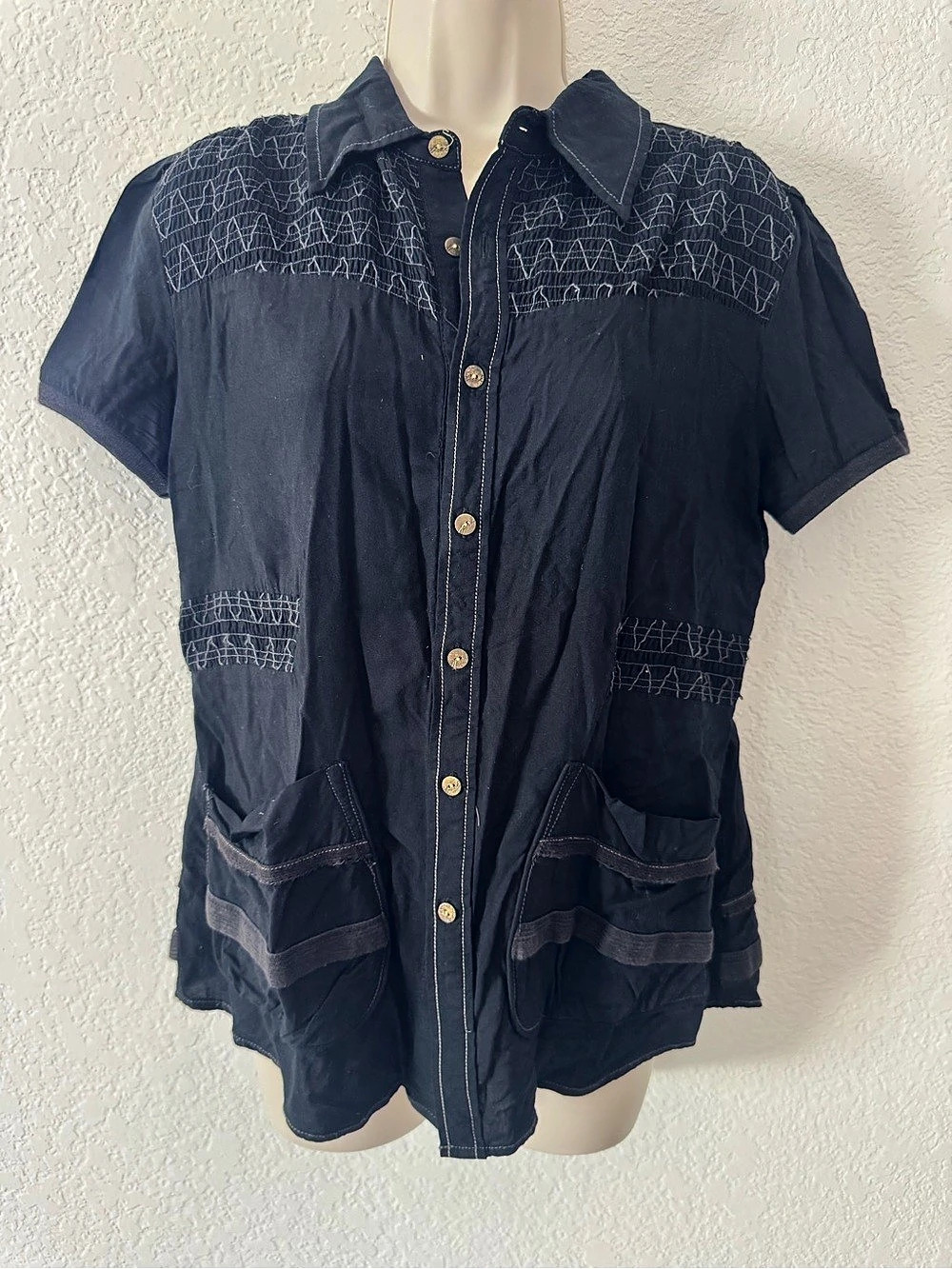 Diesel Short Sleeve Embroidered Button Down Top.
